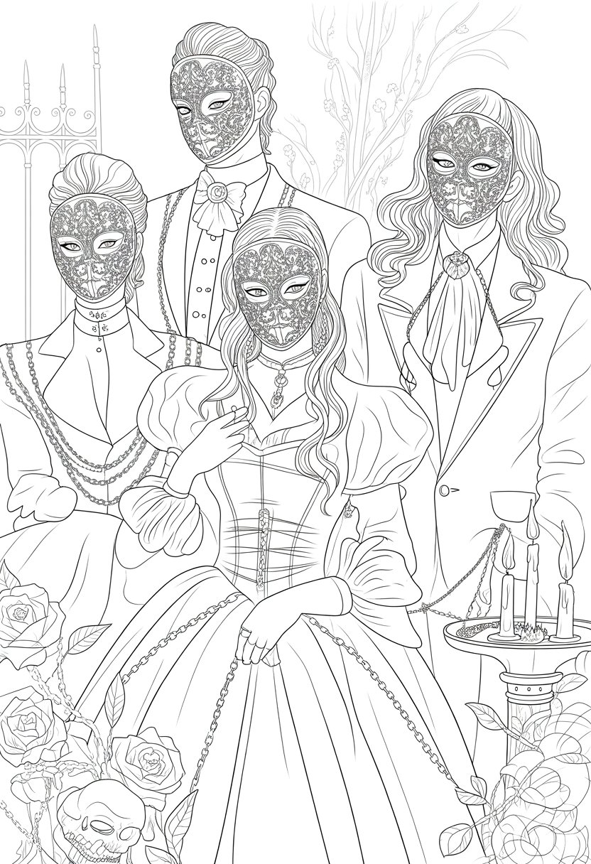 Gothic Coloring Pages for Adults: Top 20 Designs to Download as PDF and Png Files. 39 A group of masked characters wearing elegant Victorian-style clothing with intricate patterns and gothic accessories, standing together with decorative background elements.